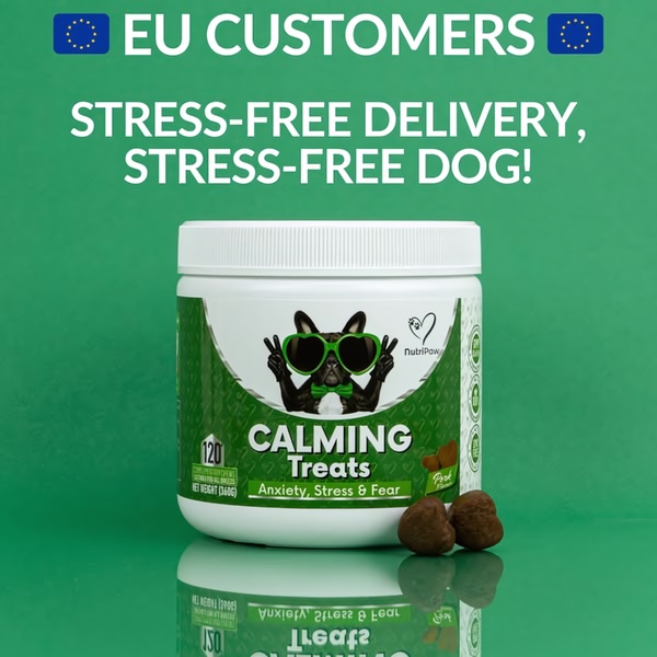 A clean, high-contrast product-centric creative that pairs a bold regional expansion claim with a visually consistent, calming brand aesthetic for pet supplements.